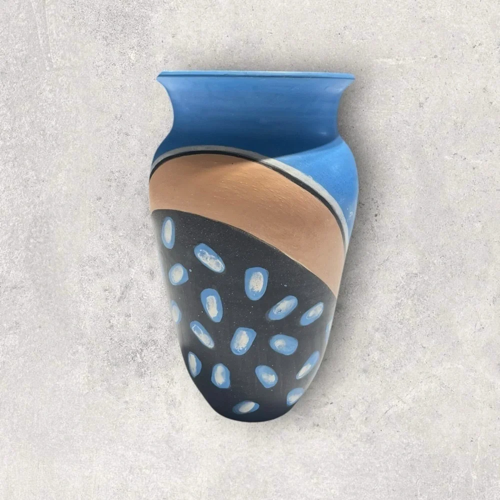 Blue & Beige Artistic Vase, Native American pottery, artist signature 